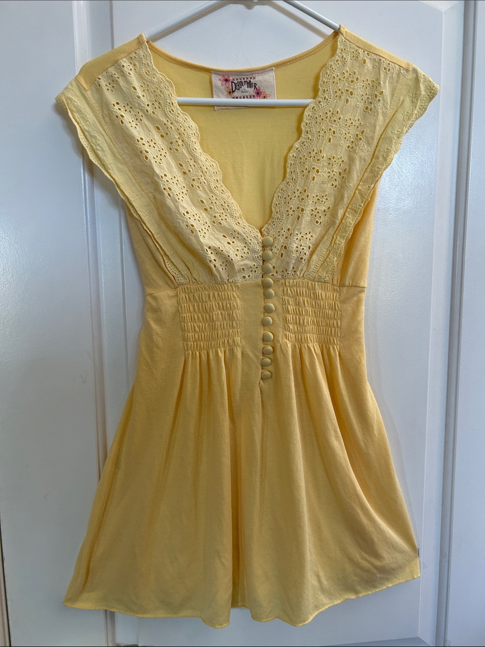 Soft Yellow Eyelet-Trim Tunic Top with Faux Button Front